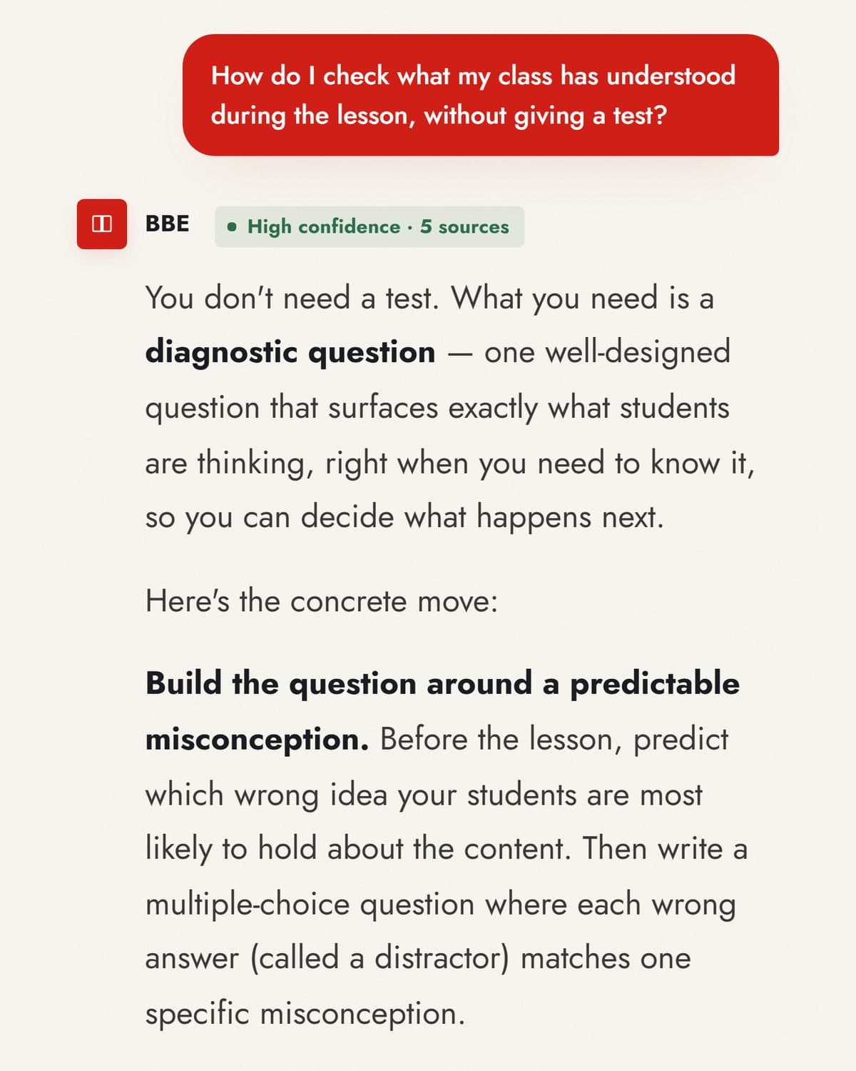 BBE Buddy answering how to check understanding during a lesson without a test, marked high confidence from five sources