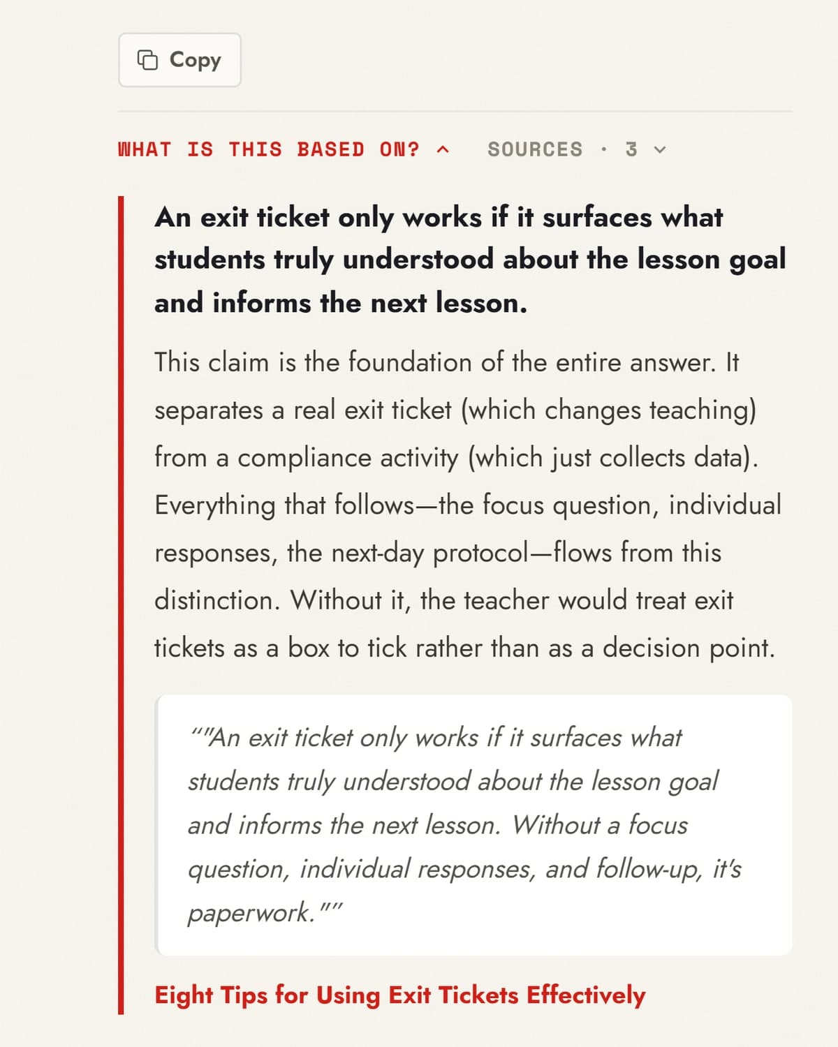 The 'What is this based on?' panel under an answer: the claim, why it matters, the quoted passage and the source title