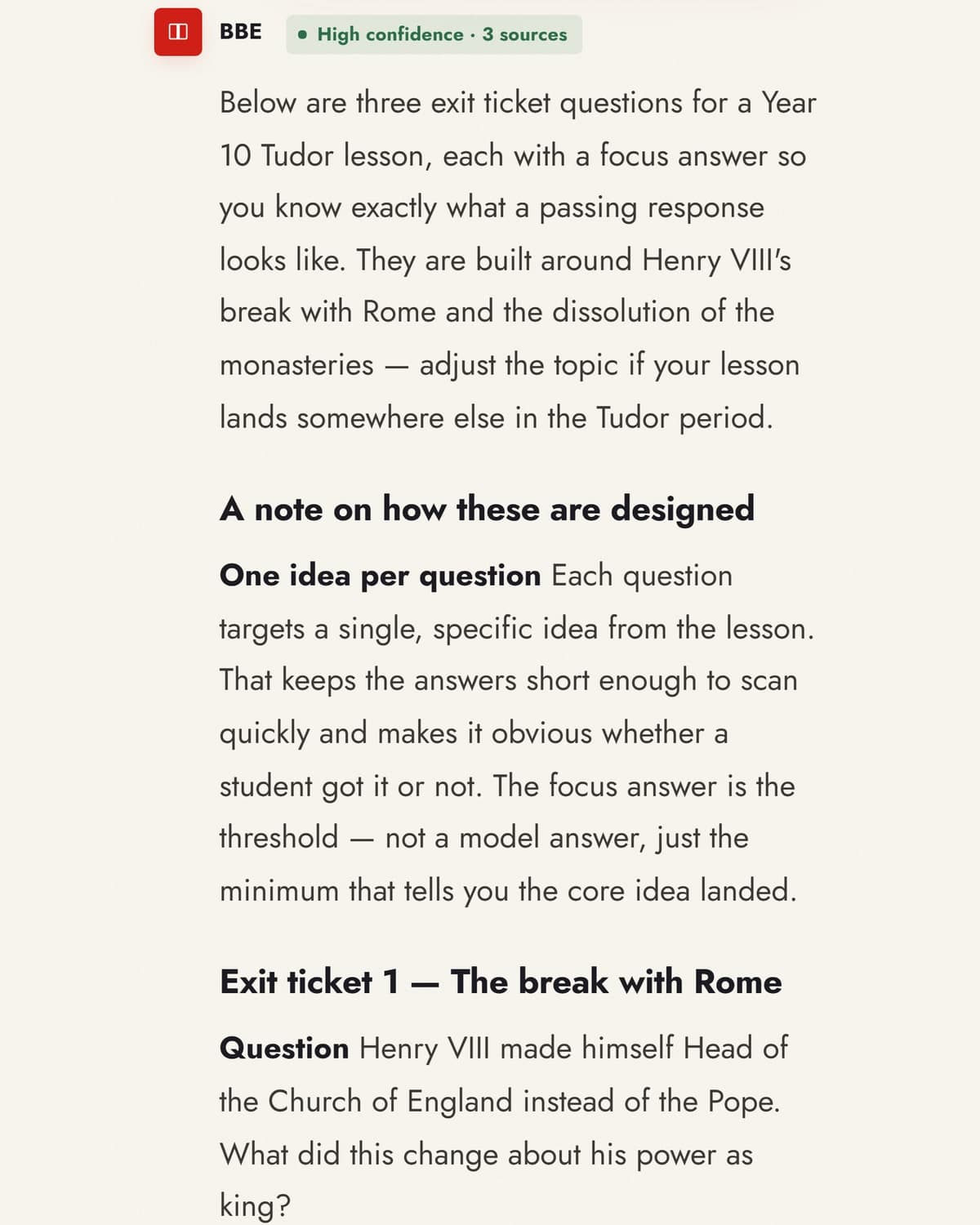 BBE Buddy drafting three exit tickets for a Year 10 history lesson, each with a focus answer